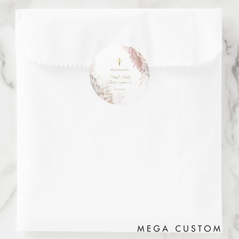 Personalized Boho Flowers with Cross Classic Round Sticker with Name and Date Religious Gift First Holy Communion Gift for Girls