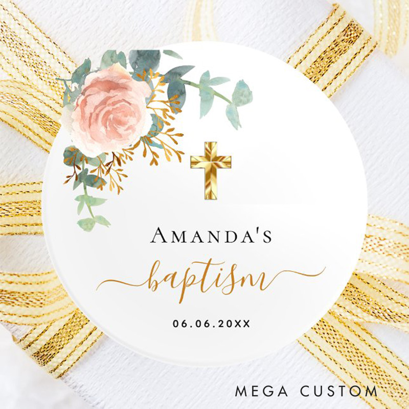 Personalized Eucalyptus Pink Floral with Cross Classic Round Sticker with Name and Date Religious Gift Baptism Gift for Girls