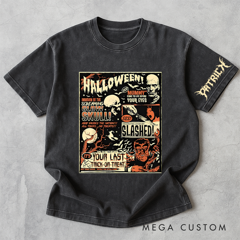 Personalized Halloween Poster Washed T-Shirts Horror Skeleton Tshirt for Movie Lovers