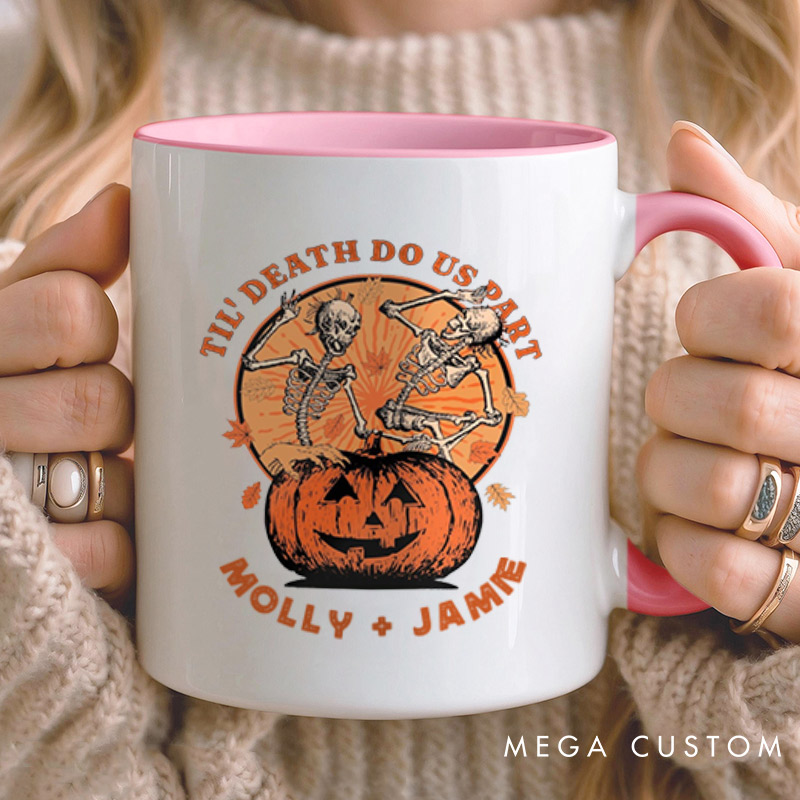 Personalized Til Death Do Us Part Pumpkin Skeleton Couple Halloween Couple Mugs 