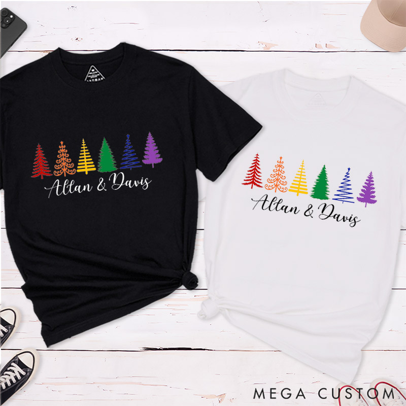 Personalized Rainbow Christmas Trees Couple T-Shirts LGBTQA+ Couple Matching Shirt Christmas Lesbian Gay Couple Shirt