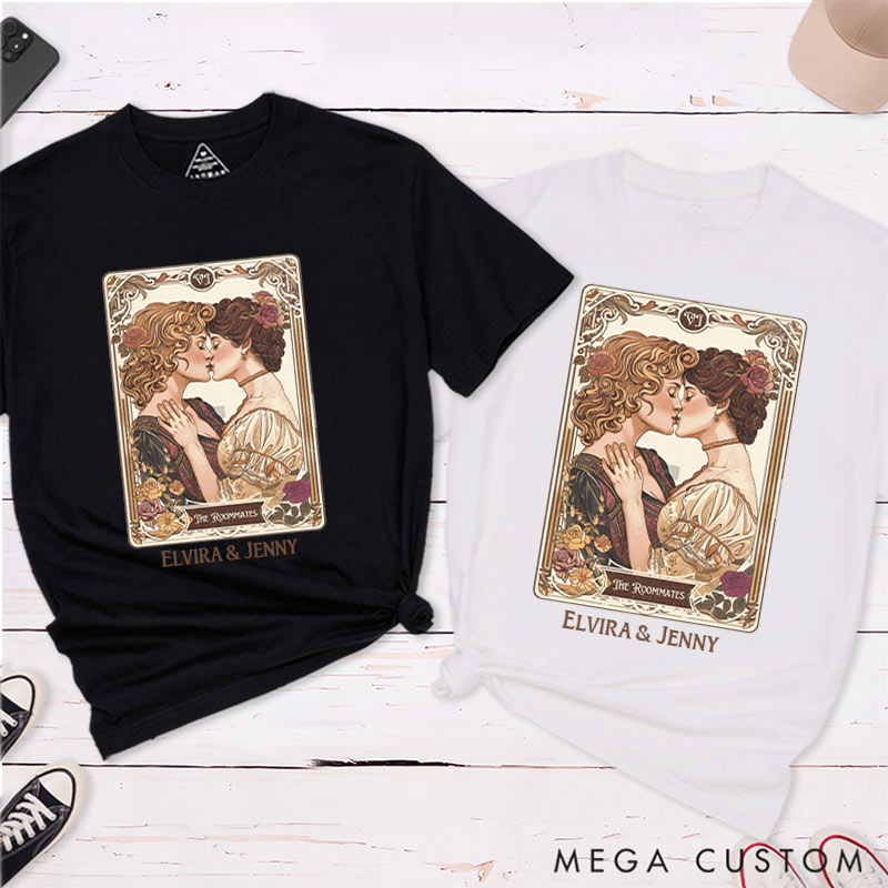 Personalized Romantic Art Lesbian Couple T-Shirts LGBTQA+ Lesbian Couple Matching Shirt for Her Vintage Romance Tee for Lesbian 