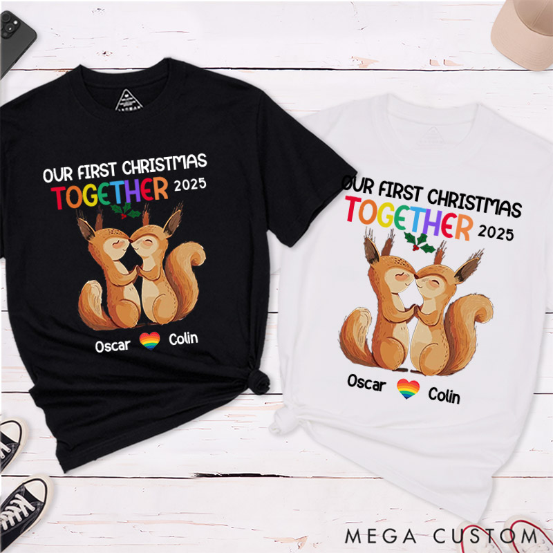 Personalized Our First Christmas Together Couple T-Shirts LGBTQA+ Gay Lesbian Couple Matching Shirt LGBTQ Couple Tee for Lesbian Gay