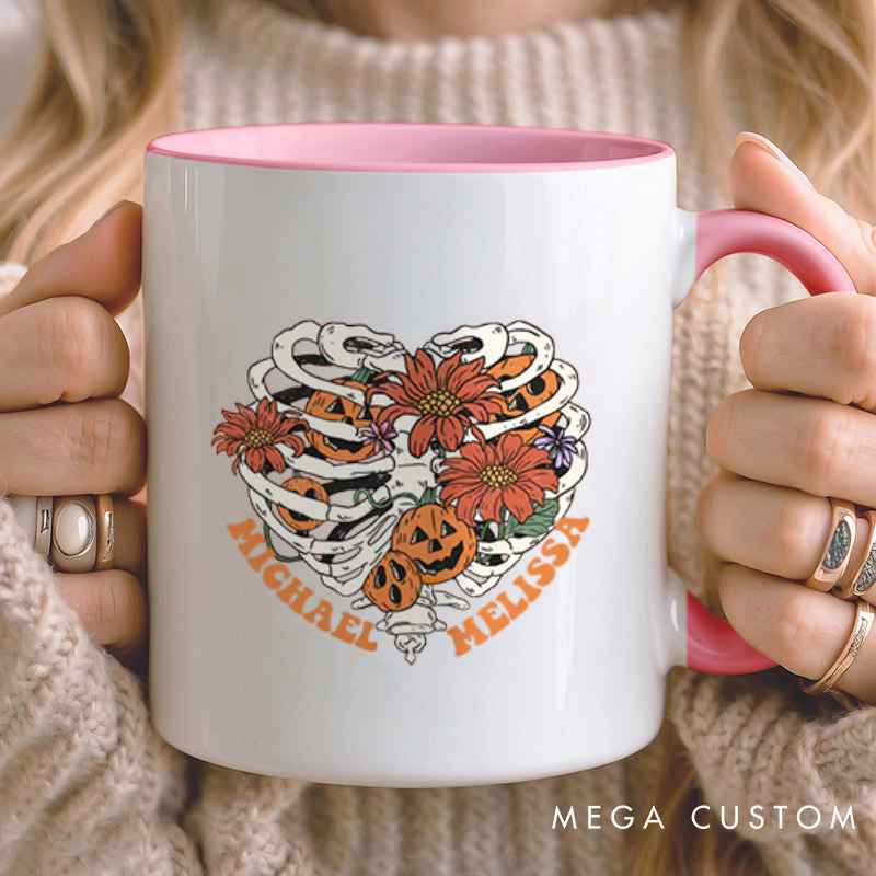 Personalized Floral Skeleton Ribcage with Pumpkins Halloween Couple Mugs