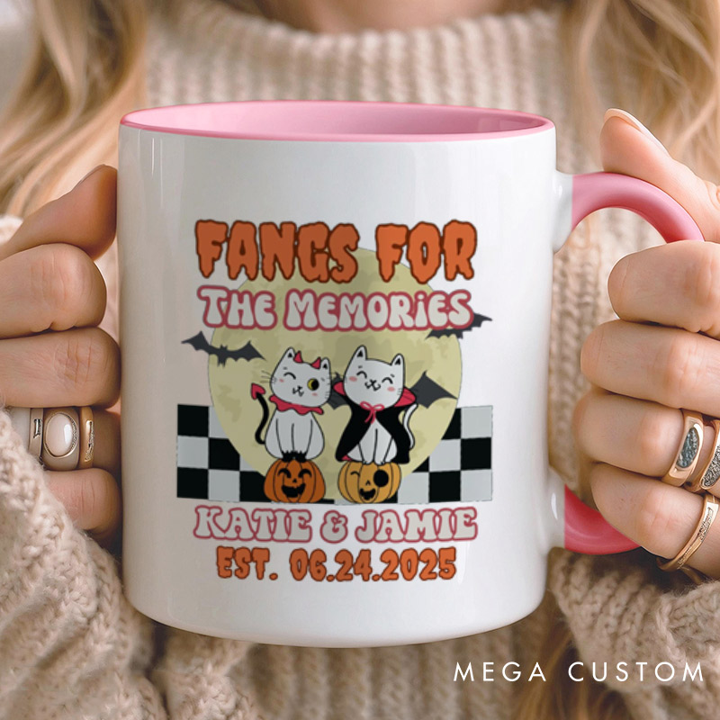 Personalized Love at First Bite and Fangs for the Memories Cat Couple Halloween Couple Mugs