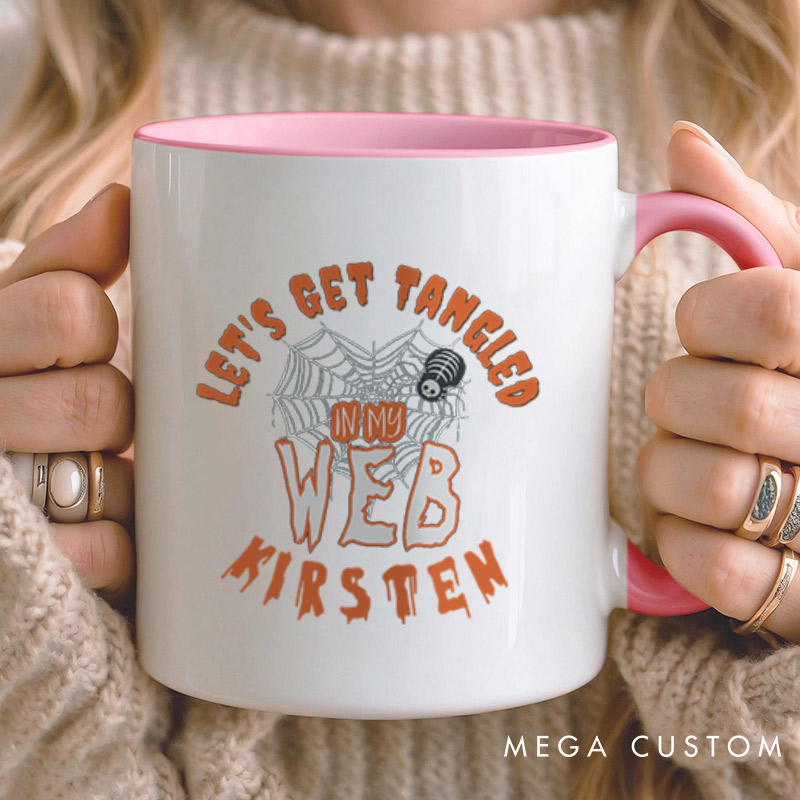 Personalized Rattle My Bone and Let's Get Tangled in My Web Halloween Couple Mugs