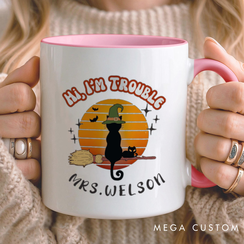 Personalized Trouble Follows Halloween Cat Couple Halloween Couple Mugs