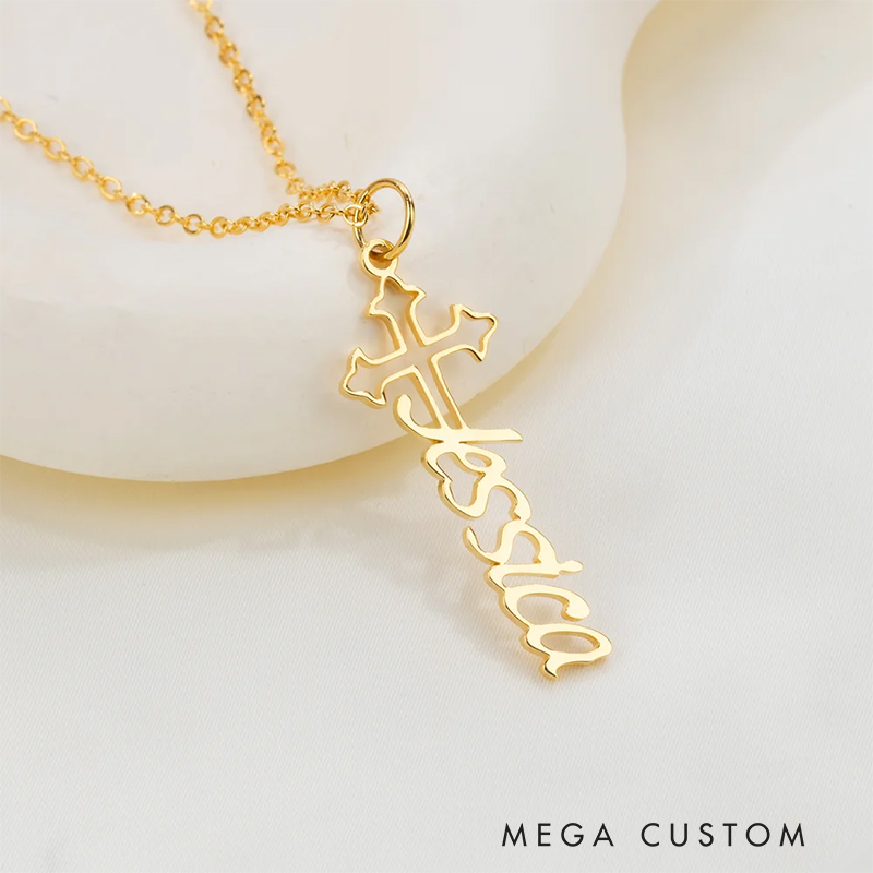Personalized Holy Cross Necklace with Name Dainty Jewelry Christian Gift Birthday Gift Anniversary Gift for Women