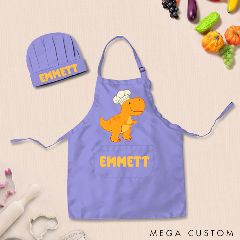 Personalized Cartoon Dinosaur Adjustable Kid Apron Chef Hat Set with Pocket and Name for Cooking Baking Birthday Holiday Gift for Kids