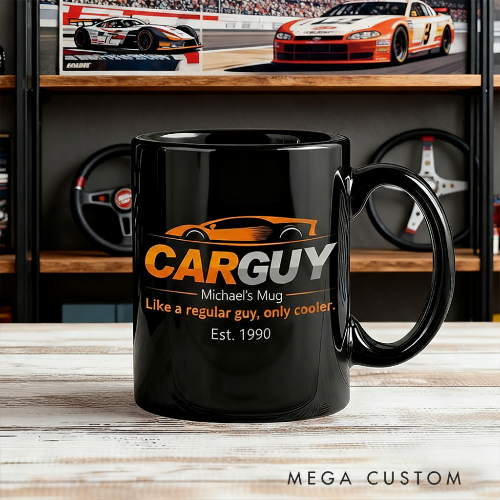 Personalized Car Guy Mug Custom Name and Year Coffee Cup Gift for Car Enthusiast Driver Dad Auto Racing Fan Unique Present for Racing Lovers