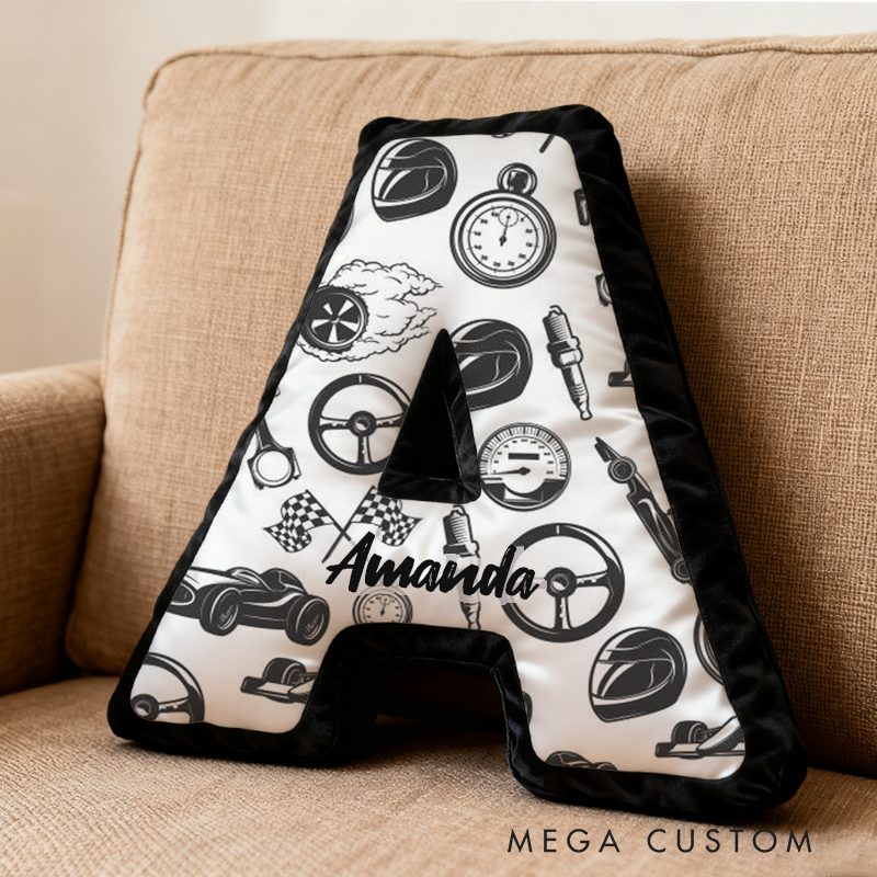 Personalized Racing Enthusiast Pillow Custom Initial Design Cushion 3D Print Gift for Motorsports Fans