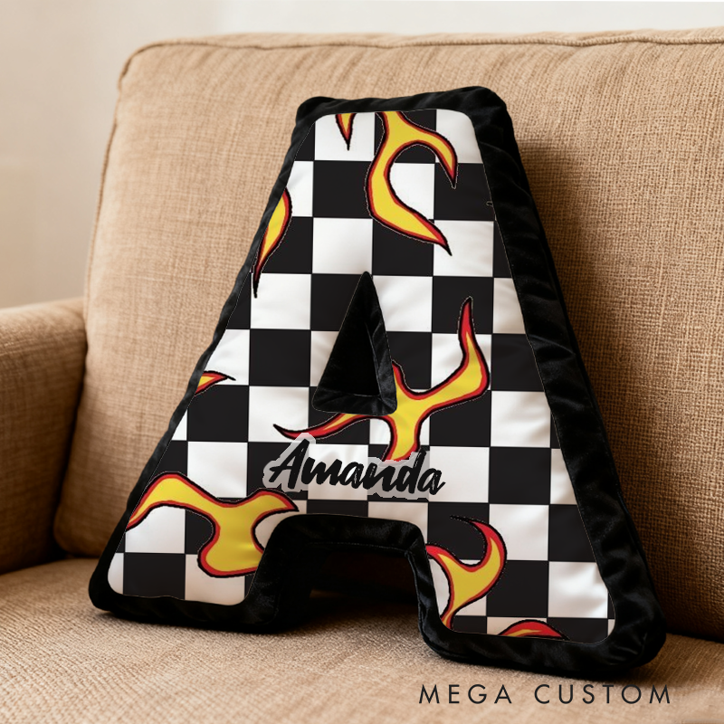 Personalized Racing Flame Pillow Custom Initial Checkered Flag Design Cushion 3D Print Gift for Motorsports Fans