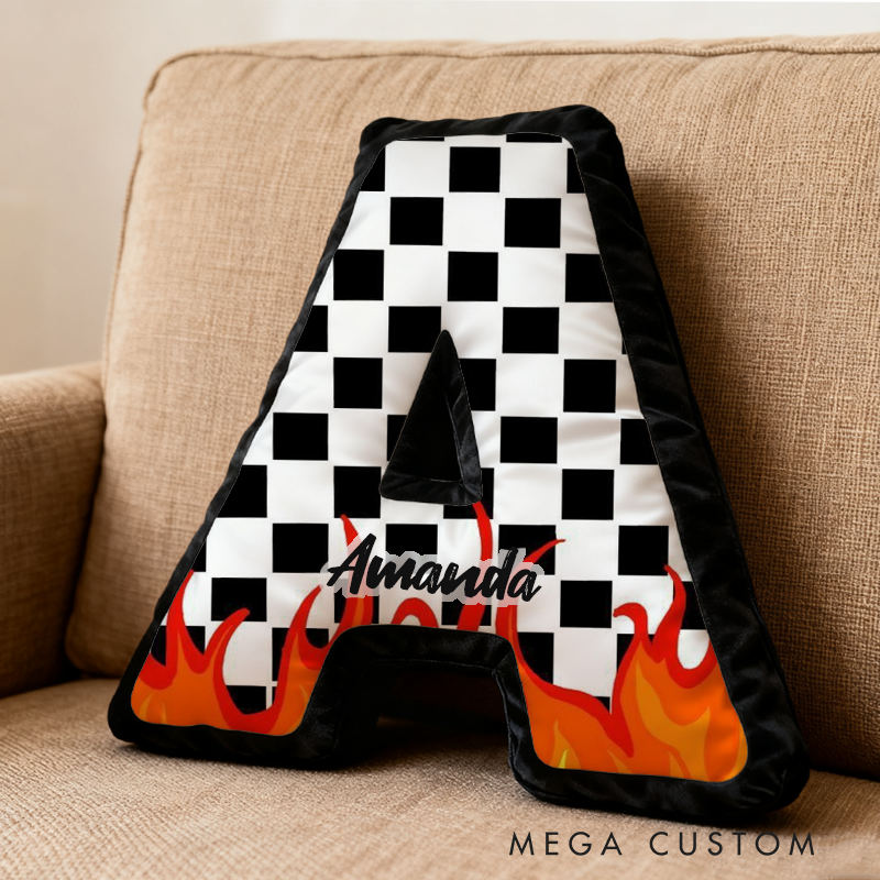 Personalized Racing Flame Pillow Custom Initial Checkered Flag Design Cushion 3D Print Gift for Speed Enthusiasts