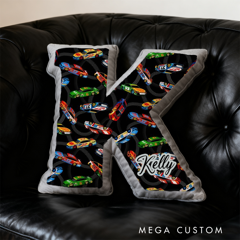 Personalized Race Car Initial Pillow Custom Name Cushion Gift for Car Enthusiasts