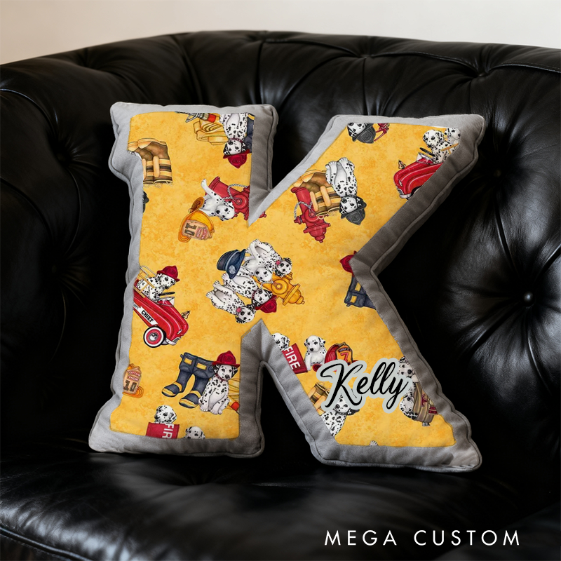 Personalized Firefighter Dalmatian Initial Pillow with Custom Name Gift for Kids and Fire Rescue Fans
