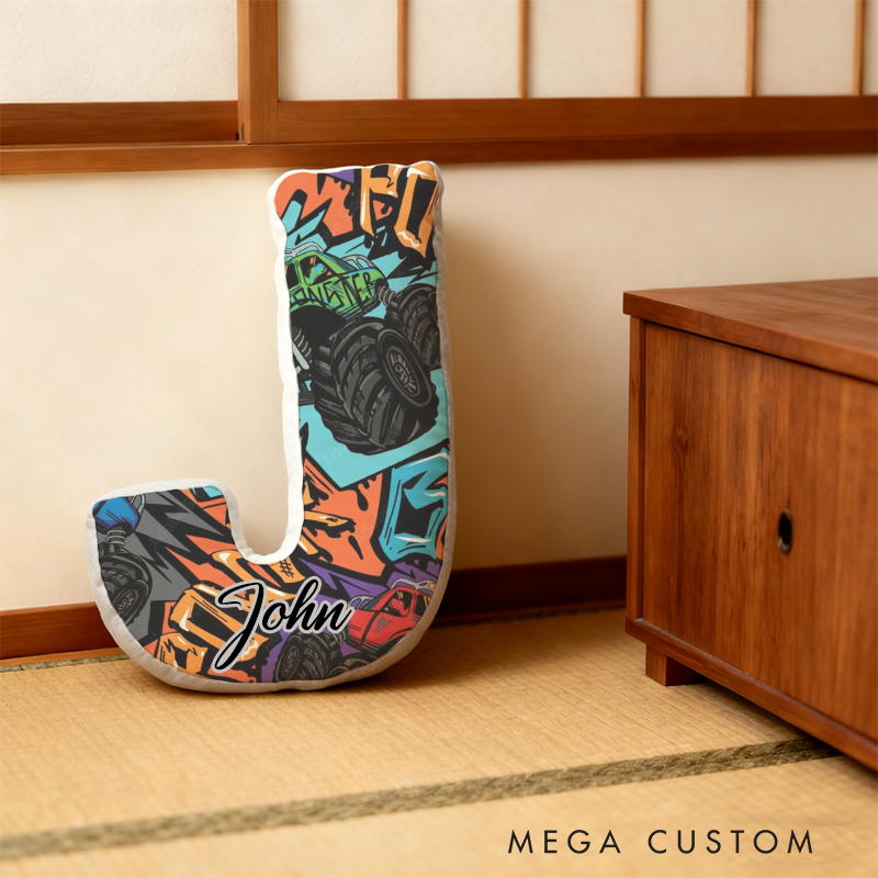 Personalized Graffiti Monster Truck Initial Pillow with Custom Name Gift for Truck Enthusiasts