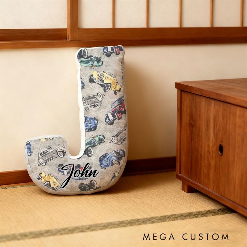 Personalized Vintage Car Initial Pillow with Custom Name Gift for Classic Car Lovers