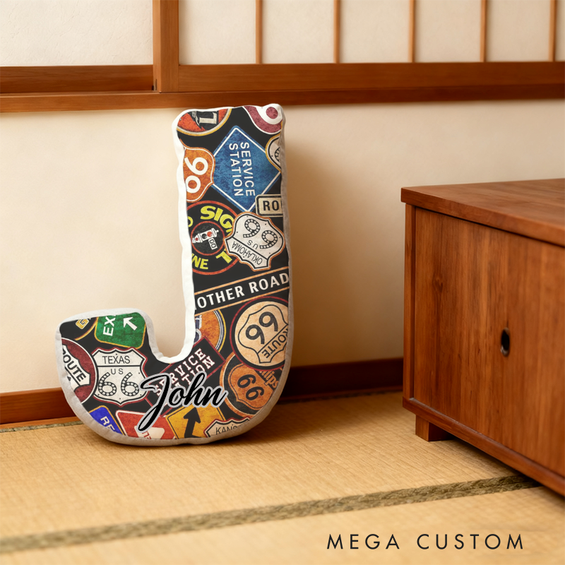 Personalized Route 66 Road Sign Initial Pillow with Custom Name Gift for Travel Enthusiasts