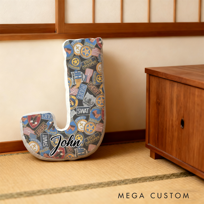 Personalized Law Enforcement Badge Themed Initial Pillow with Custom Name Gift for Police Supporters