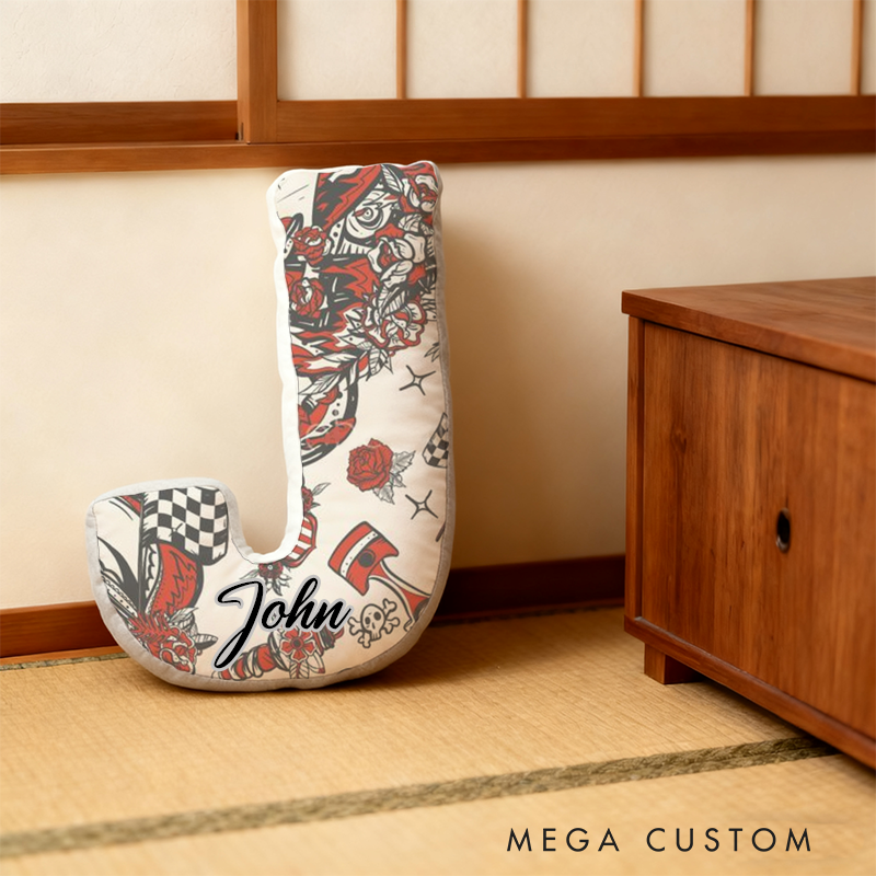 Personalized Racing Tattoo Inspired Initial Pillow with Custom Name Gift for Motorsport Fans