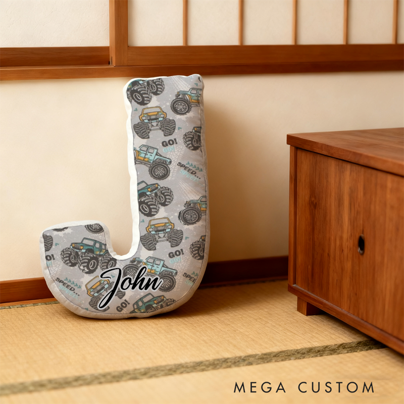 Personalized Monster Truck Racing Initial Pillow with Custom Name Gift for Truck Enthusiasts