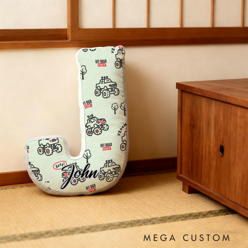 Personalized Cartoon Off Road Monster Truck Initial Pillow with Custom Name Gift for Truck Lover Kidss