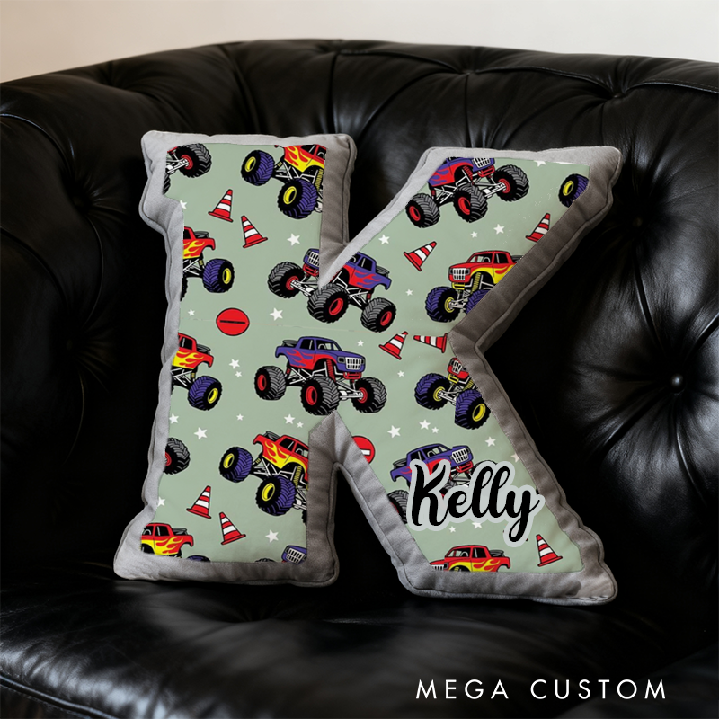 Personalized Monster Truck Vehicle Themed Alphabet Pillow with Custom Name Gift for Kids