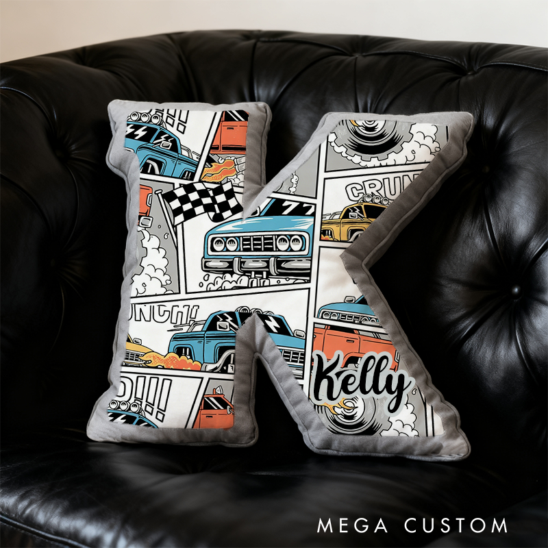 Personalized Monster Truck Letter Shaped Pillow Custom Name Design Car Enthusiasts and Motorsport Fans Gift