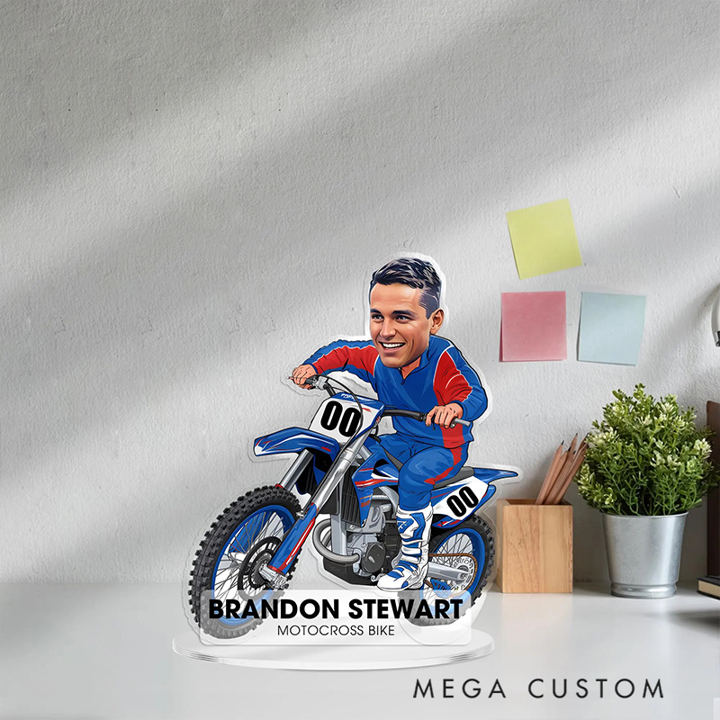 Personalized Motocross Biker Figurine Caricature Portrait Desk Name Plate Acrylic Motorcycle Dirt Bike Plaque Office Decor Gifts