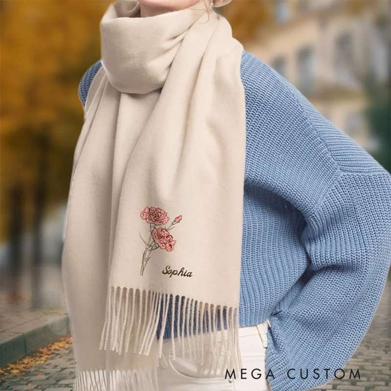 Personalized Birth Flower Soft Warm Tassel Scarf with Name Winter Accessory Anniversary Birthday Gifts
