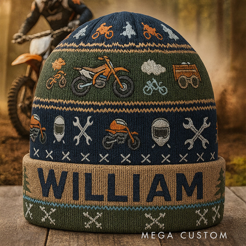 Personalized Dirt Bike Beanie Hat Custom Name Motorcycle Knitted Hat Unique Gift for Bikers and Motorcycle Fans