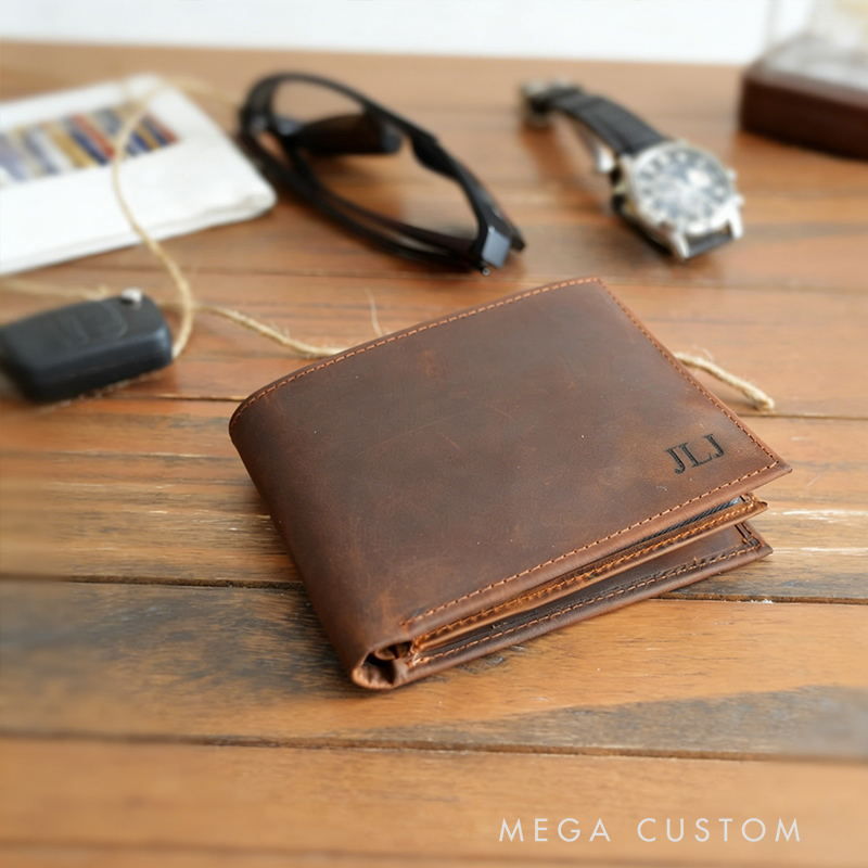 Personalized Handcrafted Leather Mens Wallet Anniversary Gift for Husband Dad