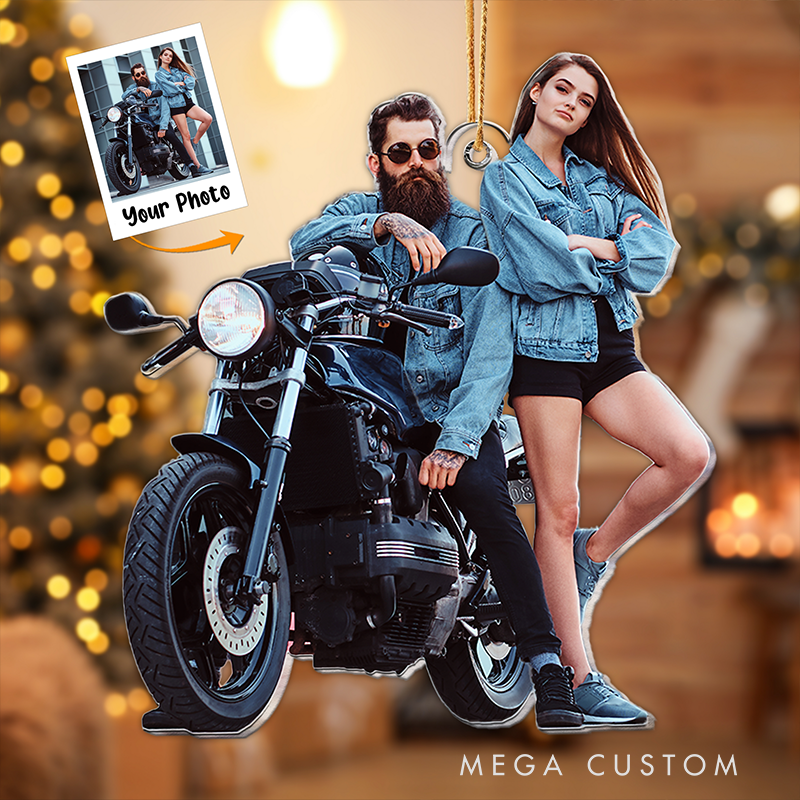 Personalized Motorcycle Couple Acrylic Photo Ornament Custom Christmas Ornament Gift for Biker Couples and Motor Lovers