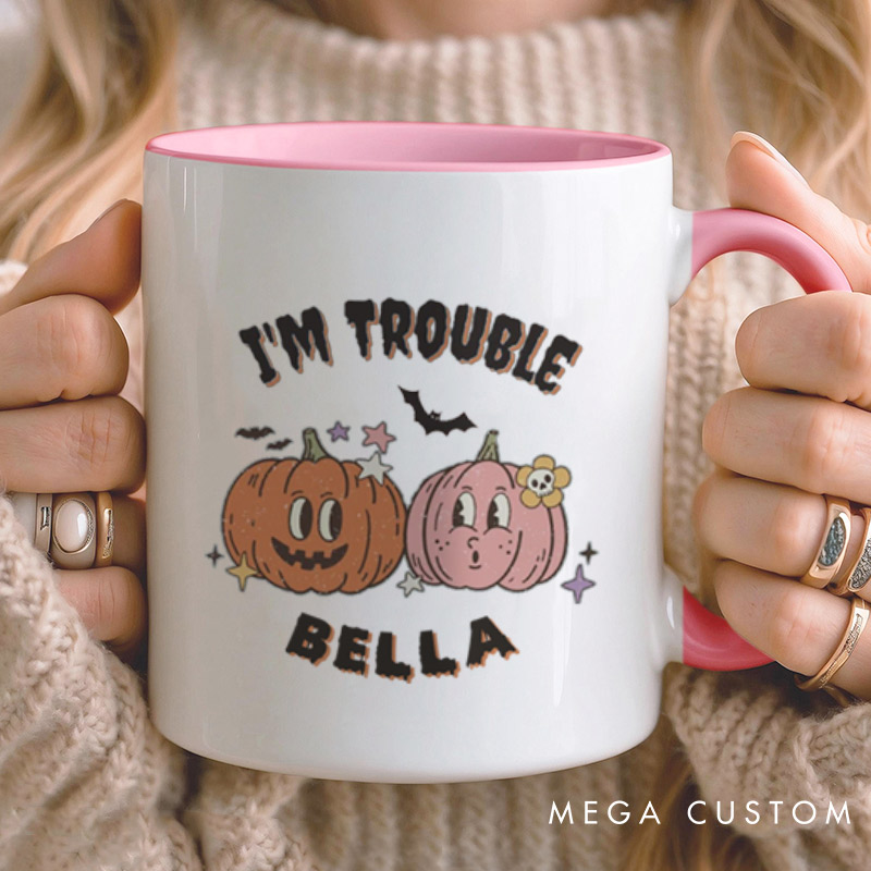Personalized Where I Go Trouble Follows & I'm Trouble Pumpkin Halloween Couple Mugs