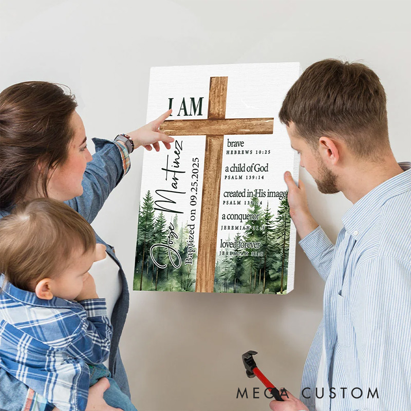 Personalized Cross Bible Verse Frameless Canvas Painting with Name Religious Wall Decor Christening Baptism Gift for Boys