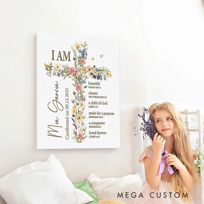 Personalized Floral Cross Bible Verse Frameless Canvas Painting with Name Religious Wall Decor Christening Baptism Gift for Girls