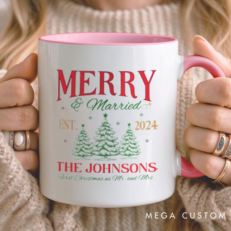 Personalized Joyful Merry and Married the First Christmas as Mr and Mrs Couple Mugs