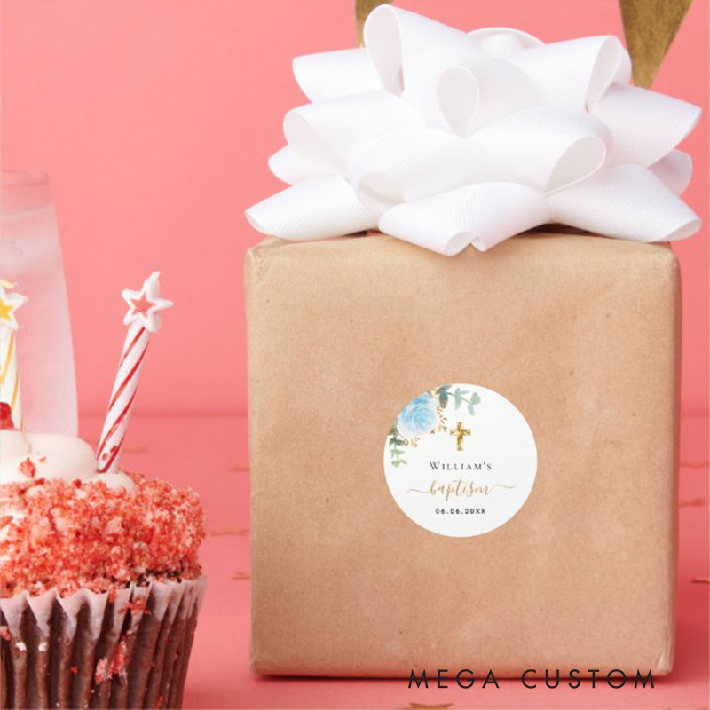 Personalized Eucalyptus Greenery Blue Floral Classic Round Sticker with Name and Date Religious Gift Baptism Gift