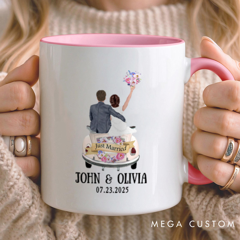 Personalized Romantic Just Married Getaway Car Wedding Couple Mugs