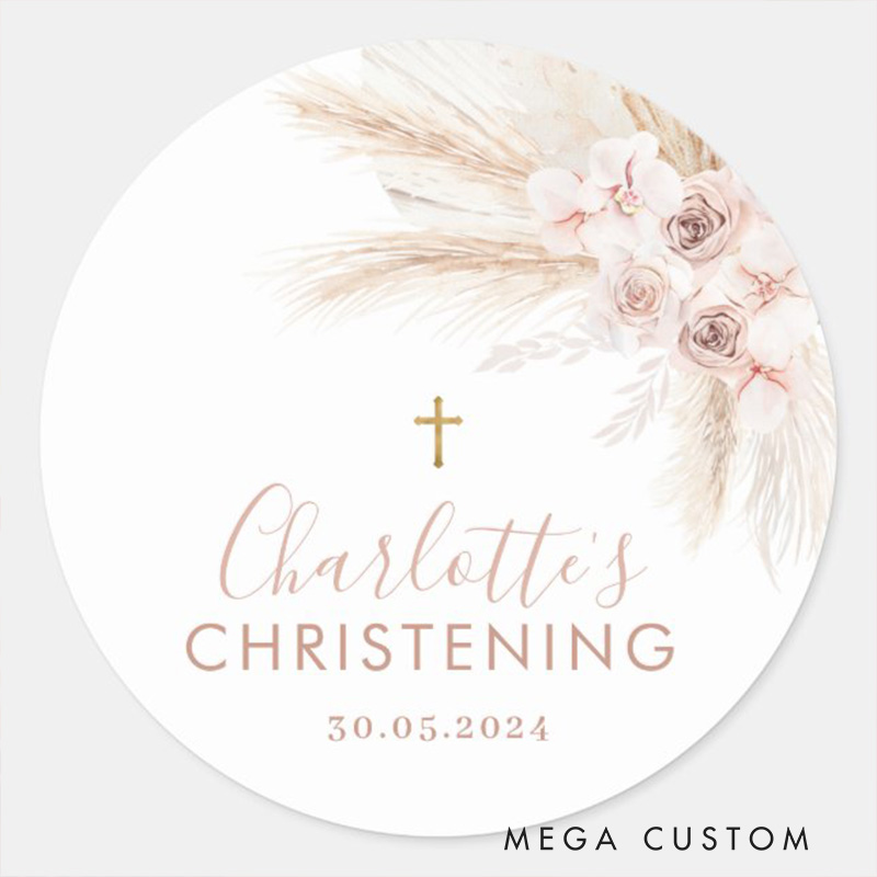 Personalized Boho Pampas Pink Floral Classic Round Sticker with Name and Date Religious Gift Baptism Christening Gift for Girls