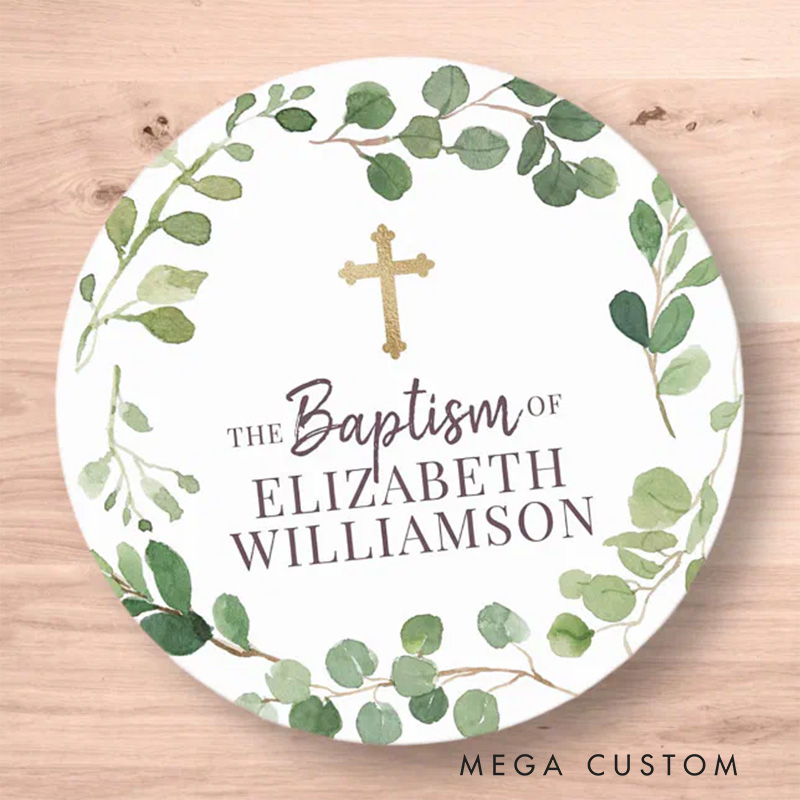 Personalized Watercolor Foliage Botanical Cross Classic Round Sticker with Name Religious Gift Baptism Christening Gift