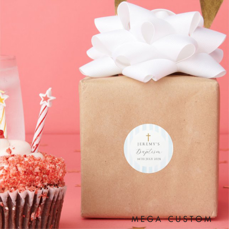 Personalized Blue Watercolor Stripes Classic Round Sticker with Name and Date Religious Gift Baptism Christening Gift for Boys