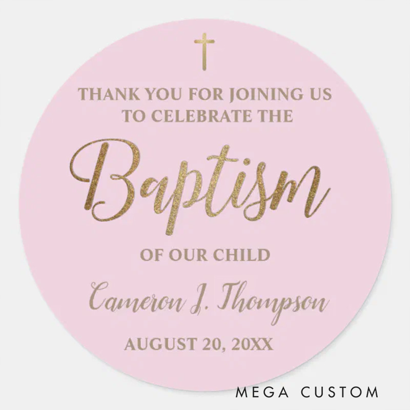 Personalized Gold Pink Thank you Classic Round Sticker with Name and Date Religious Gift Baptism Christening Gift for Girls