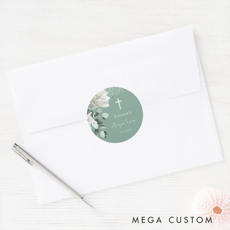 Personalized White Green Bouquet Round Sticker with Name and Date Religious Gift Baptism Christening Gift for Girls