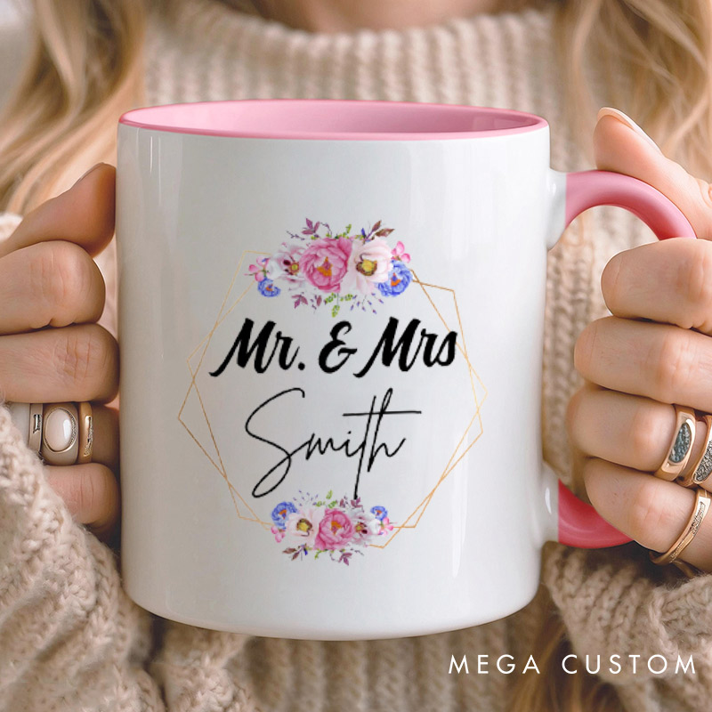 Personalized Geometric Frame with Watercolor Floral Mr and Mrs Wedding Couple Mugs