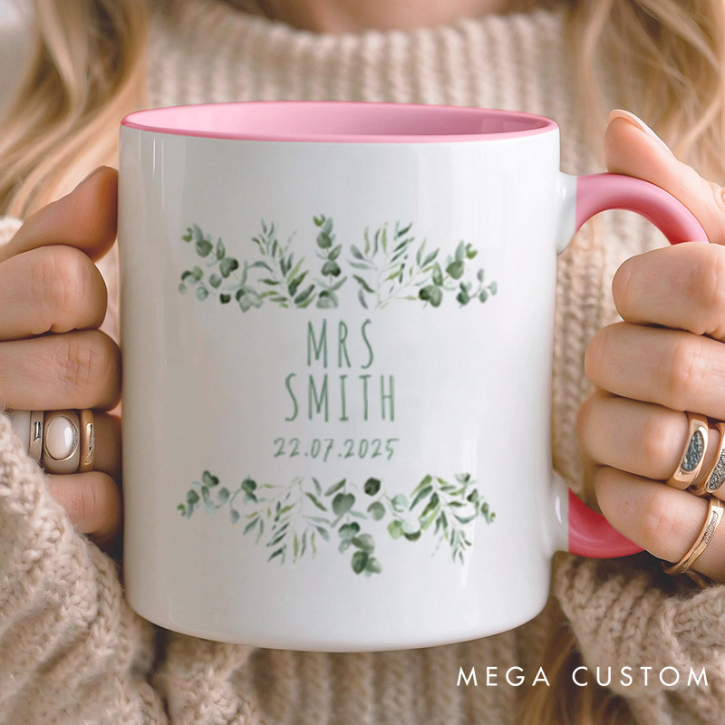 Personalized Elegant Botanical Mr and Mrs Wedding Couple Mugs