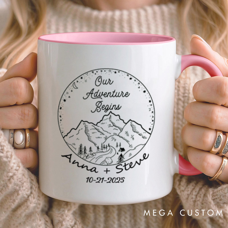 Personalized Rustic Mountain Our Adventure Begins Newlyweds Wedding Couple Mugs