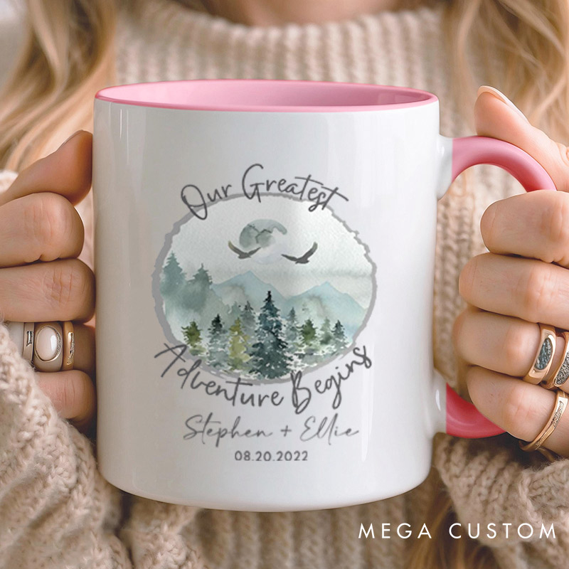Personalized Romantic Nature Our Greatest Adventure Begins Wedding Couple Mugs