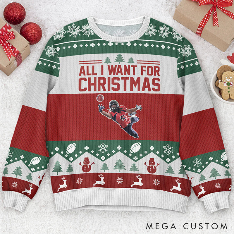 Personalized American Football Ugly Sweater with Custom Photo and Festive Design