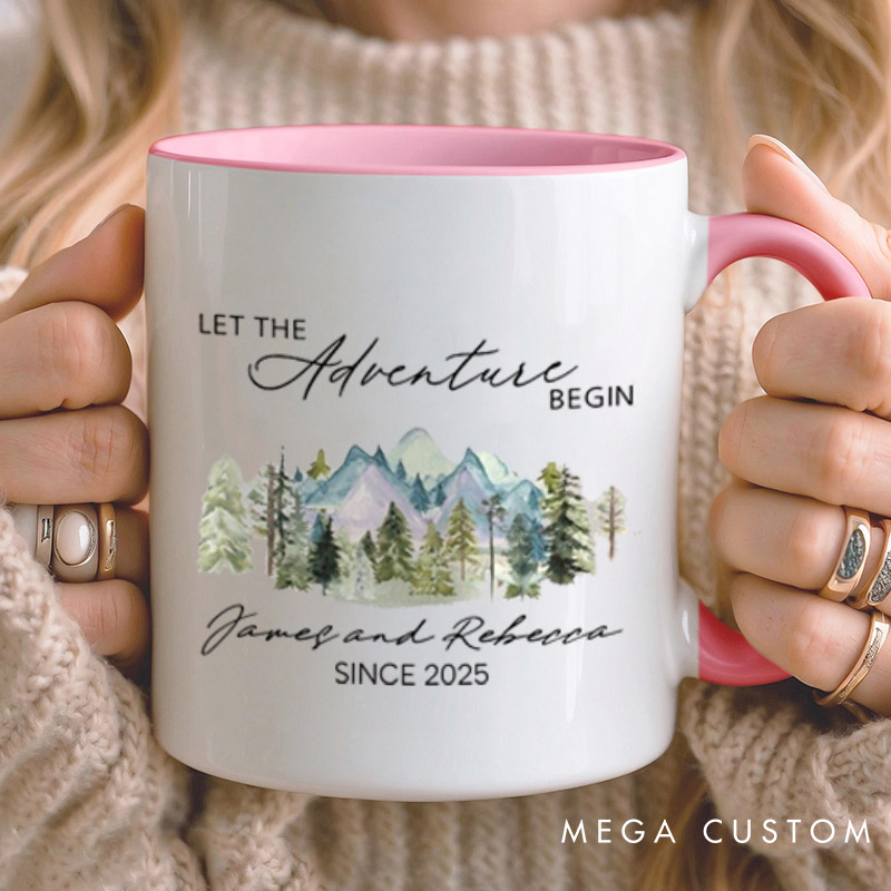 Personalized Mountain Scenic Let the Adventure Begin Newlyweds Wedding Couple Mugs